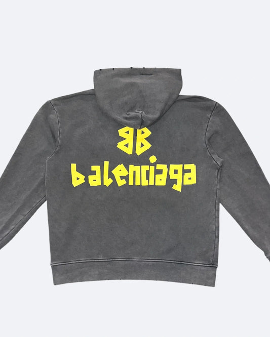 Balenciaga - Yellow Tape Distressed Hoodie - Washed Gray
