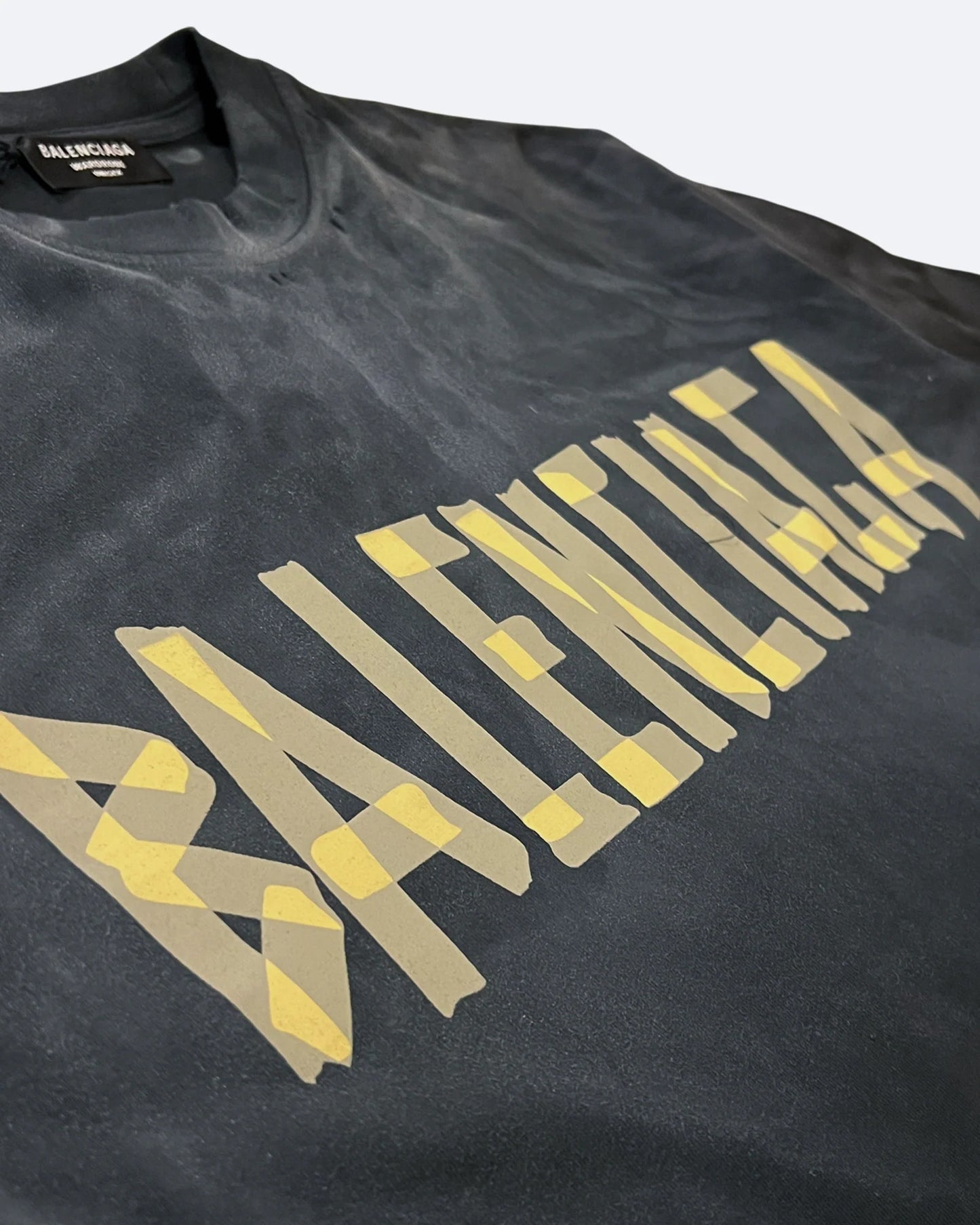 Balenciaga - Yellow Tape Distressed T-Shirt - Washed Black