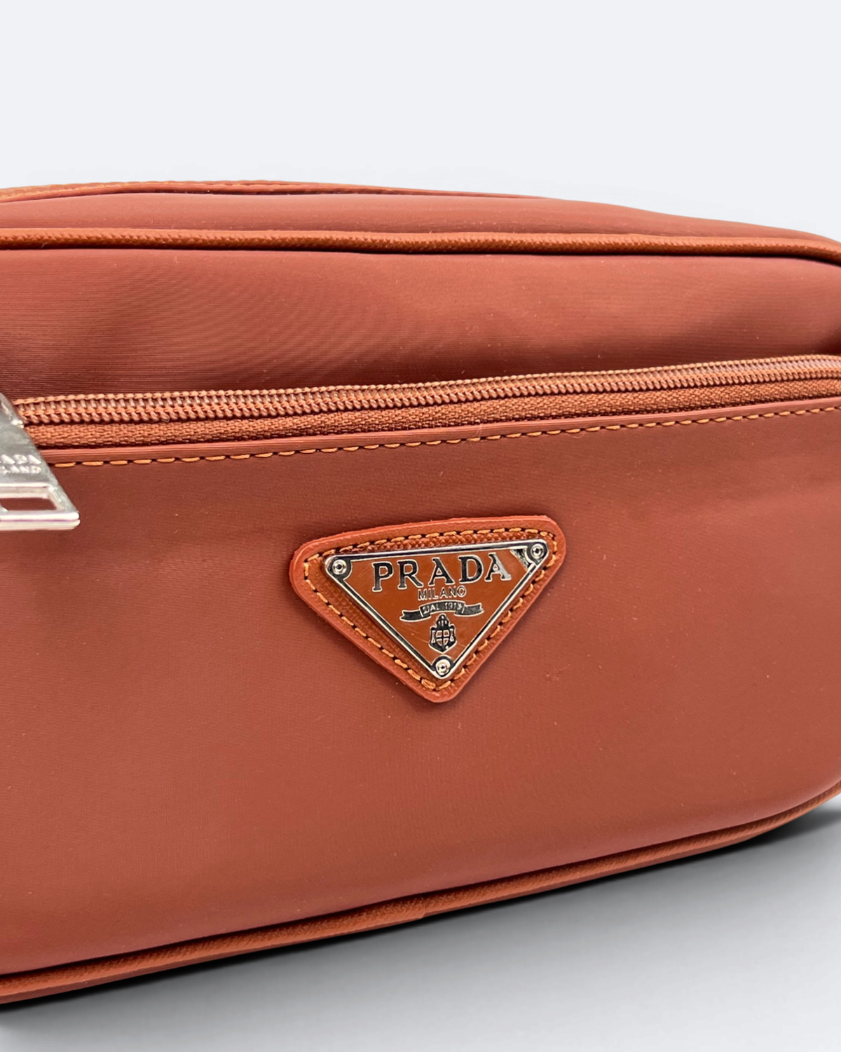 Prada - Logo Plate Hand Pouch Bag - Brown